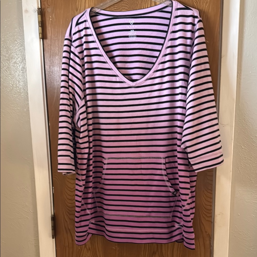 Pink and Black Striped V-Neck Women's Top um